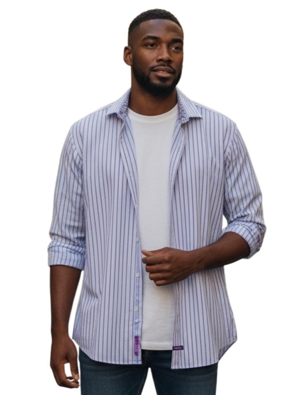 English Laundry Men's Purple Vertical Stripe Button-Down Shirt size 17 34/35